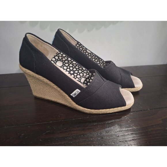 EUC Toms Calypso Black Peep Toe Espadrille Hemp Wedge/Sz. 9 - Picture 1 of 9